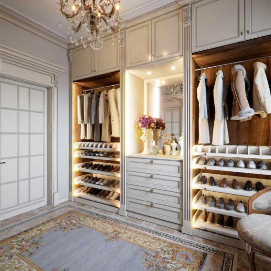 Luxury dressing room, shoe storage cabinet, dressing room lights